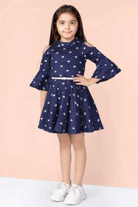 printed cotton off shoulder girls casual wear dress - navy