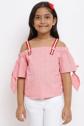 printed cotton off shoulder girls top - pink