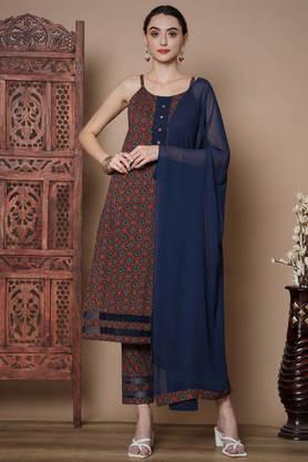 printed cotton off shoulder women's kurta trouser dupatta set - blue