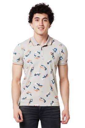 printed cotton polo men's t-shirt - natural