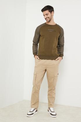 printed cotton polyester fleece crew neck men's pullover - olive