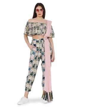 printed cotton rayon off-shoulder top with jogger pants & mukaish abu thai dupatta