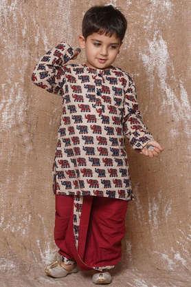 printed cotton regular fit boys dhoti kurta set - maroon