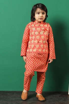printed cotton regular fit boys kurta pyjama jacket set - peach