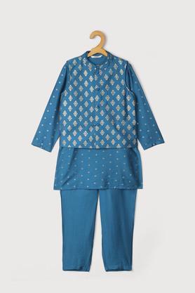printed cotton regular fit boys kurta pyjama jacket set - teal