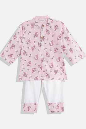 printed cotton regular fit boys kurta pyjama set - pink