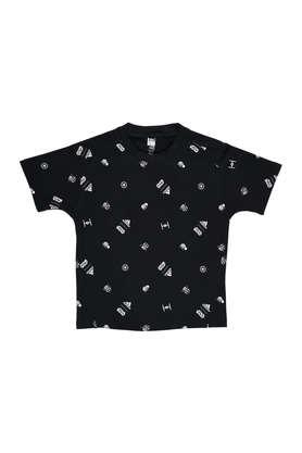 printed cotton regular fit boys t-shirt - black