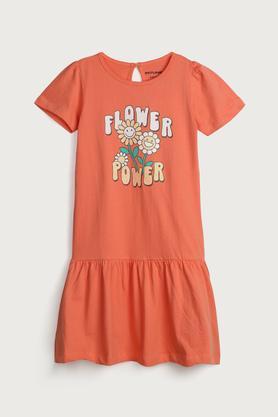 printed cotton regular fit girls dress - orange