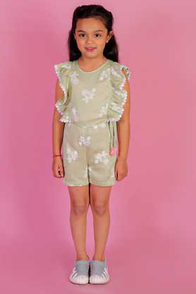 printed cotton regular fit girls jumpsuit - green