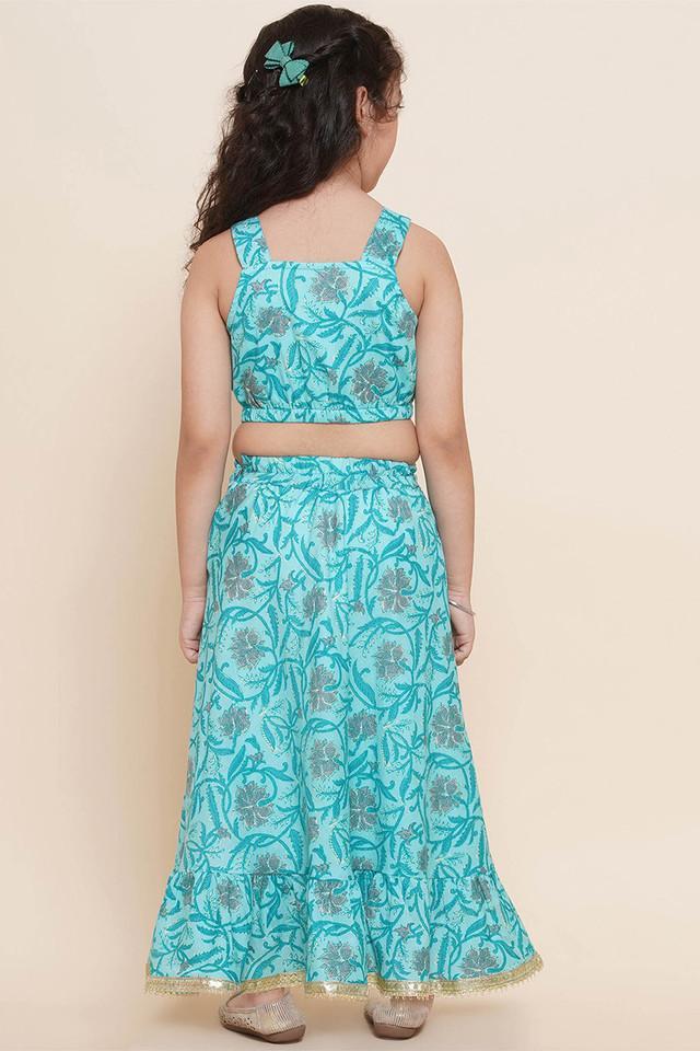 printed cotton regular fit girls lehenga choli set - blue