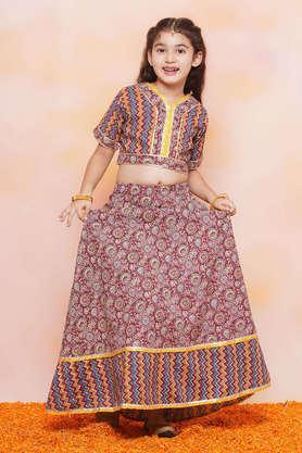 printed cotton regular fit girls lehenga choli set - maroon