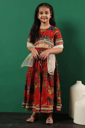 printed cotton regular fit girls lehenga choli set - red