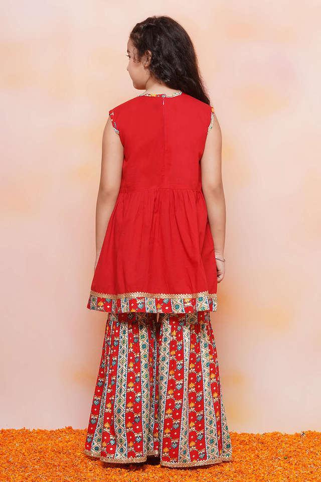 printed cotton regular fit girls sharara - red