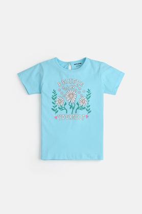 printed cotton regular fit girls t-shirt - blue