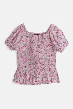 printed cotton regular fit girls top - pink