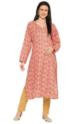 printed cotton regular fit maternity cum nursing women's kurta - coral