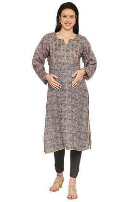 printed cotton regular fit maternity cum nursing women's kurta - grey