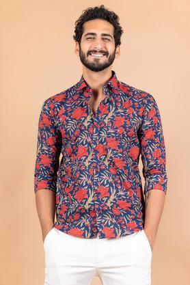 printed cotton regular fit men's casual shirt - blue