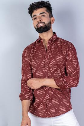 printed cotton regular fit men's casual shirt - brick red