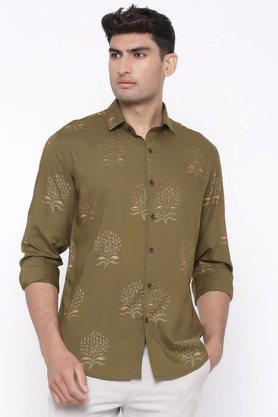 printed cotton regular fit men's casual shirt - olive