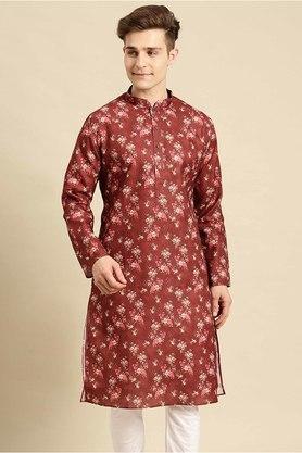 printed cotton regular fit men's knee length kurta - red