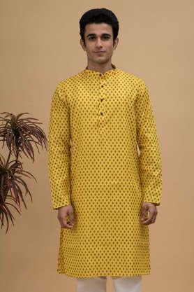 printed cotton regular fit men's kurta - yellow