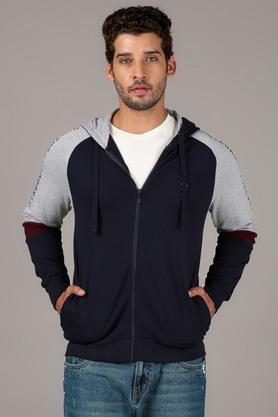 printed cotton regular fit men's open sweatshirt - navy