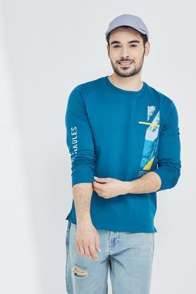 printed cotton regular fit men's pullover - teal