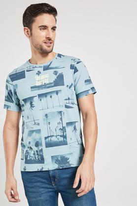 printed cotton regular fit men's t-shirts - stone