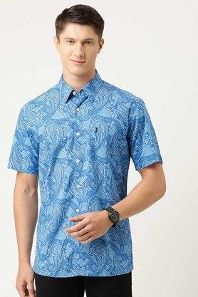 printed cotton regular fit mens formal wear shirt - blue