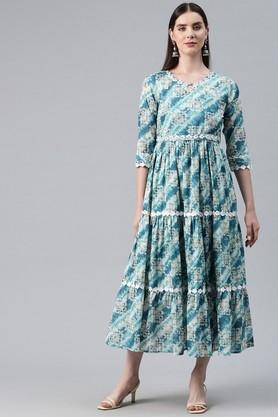 printed cotton regular fit women's ethnic dress - navy