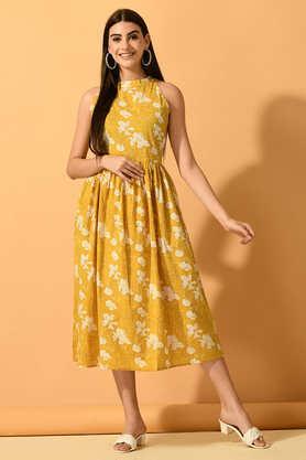 printed cotton regular fit women's ethnic dress - yellow