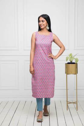 printed cotton regular fit women's kurta - pink
