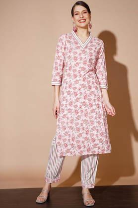 printed cotton regular fit women's kurta palazzo set - pink