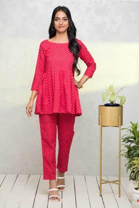 printed cotton regular fit women's kurta palazzo set - red