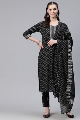 printed cotton regular fit women's kurta set - black