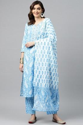 printed cotton regular fit women's kurta set - blue