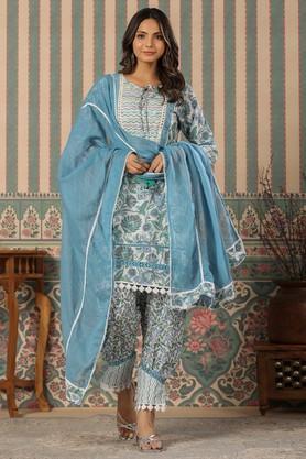 printed cotton regular fit women's kurta set - blue
