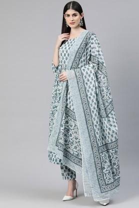printed cotton regular fit women's kurta set - blue