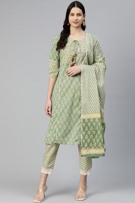 printed cotton regular fit women's kurta set - green