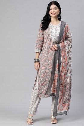 printed cotton regular fit women's kurta set - grey