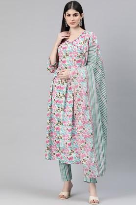 printed cotton regular fit women's kurta set - multi