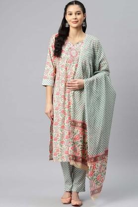 printed cotton regular fit women's kurta set - natural
