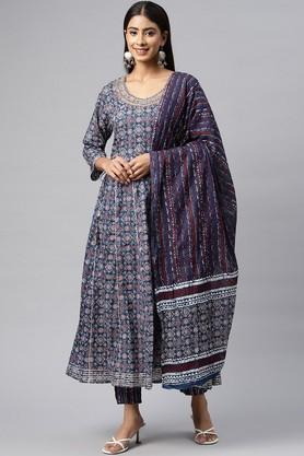 printed cotton regular fit women's kurta set - navy