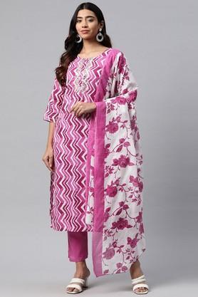 printed cotton regular fit women's kurta set - pink