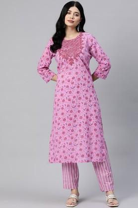 printed cotton regular fit women's kurta set - pink