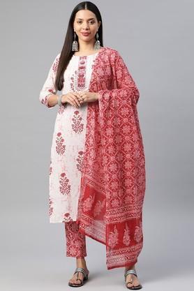 printed cotton regular fit women's kurta set - red