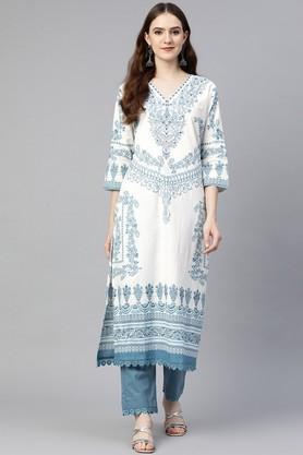 printed cotton regular fit women's kurta set - white