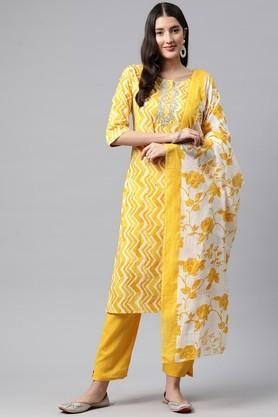 printed cotton regular fit women's kurta set - yellow