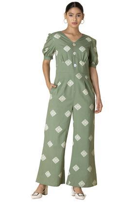 printed cotton regular fit women's regular length jumpsuit - green